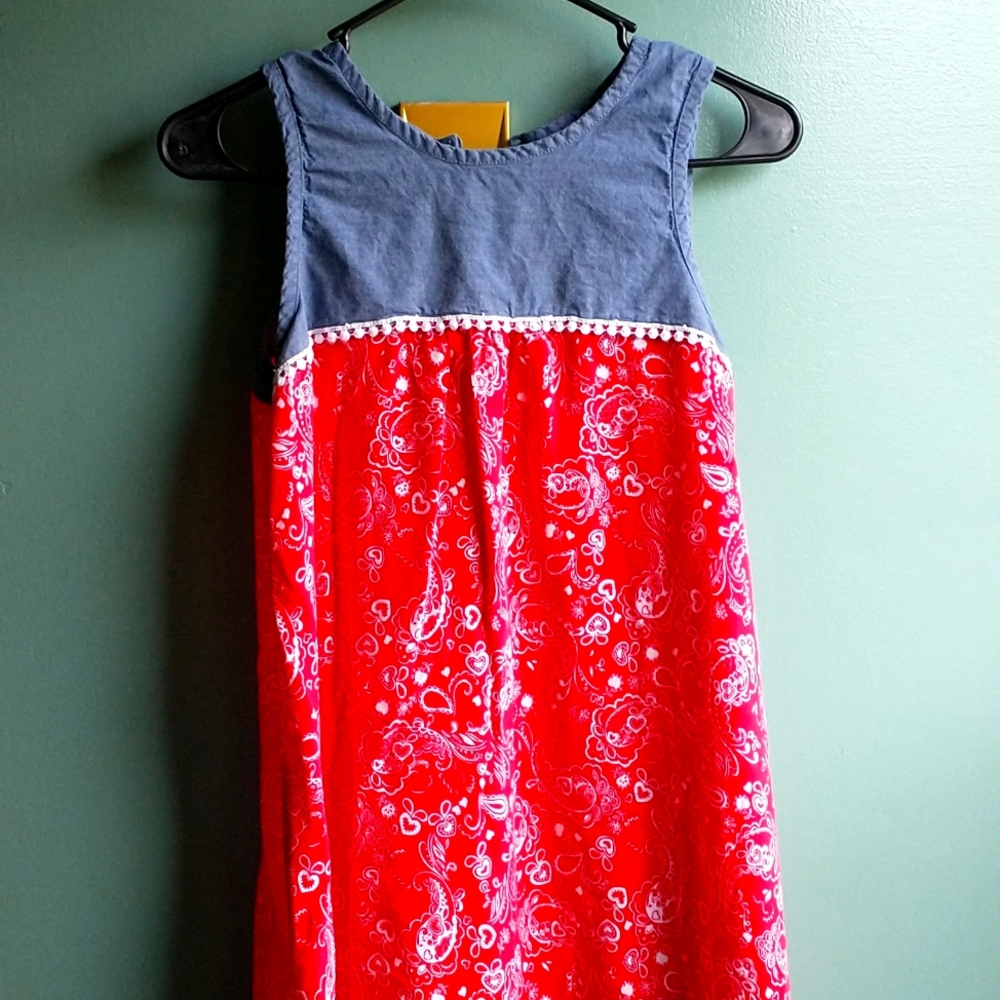 Girls blue, red and white dress sleeveless with embroidery at top